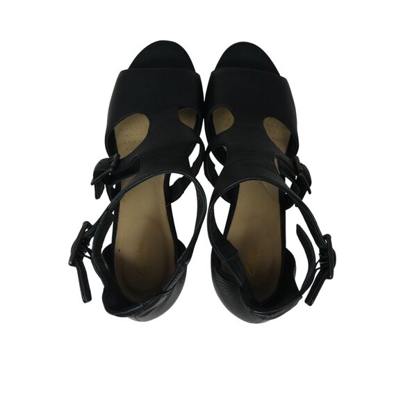 Clarks Deloria Kay Black Leather Open Toe Ankle Strap Heeled Sandals - Picture 7 of 13